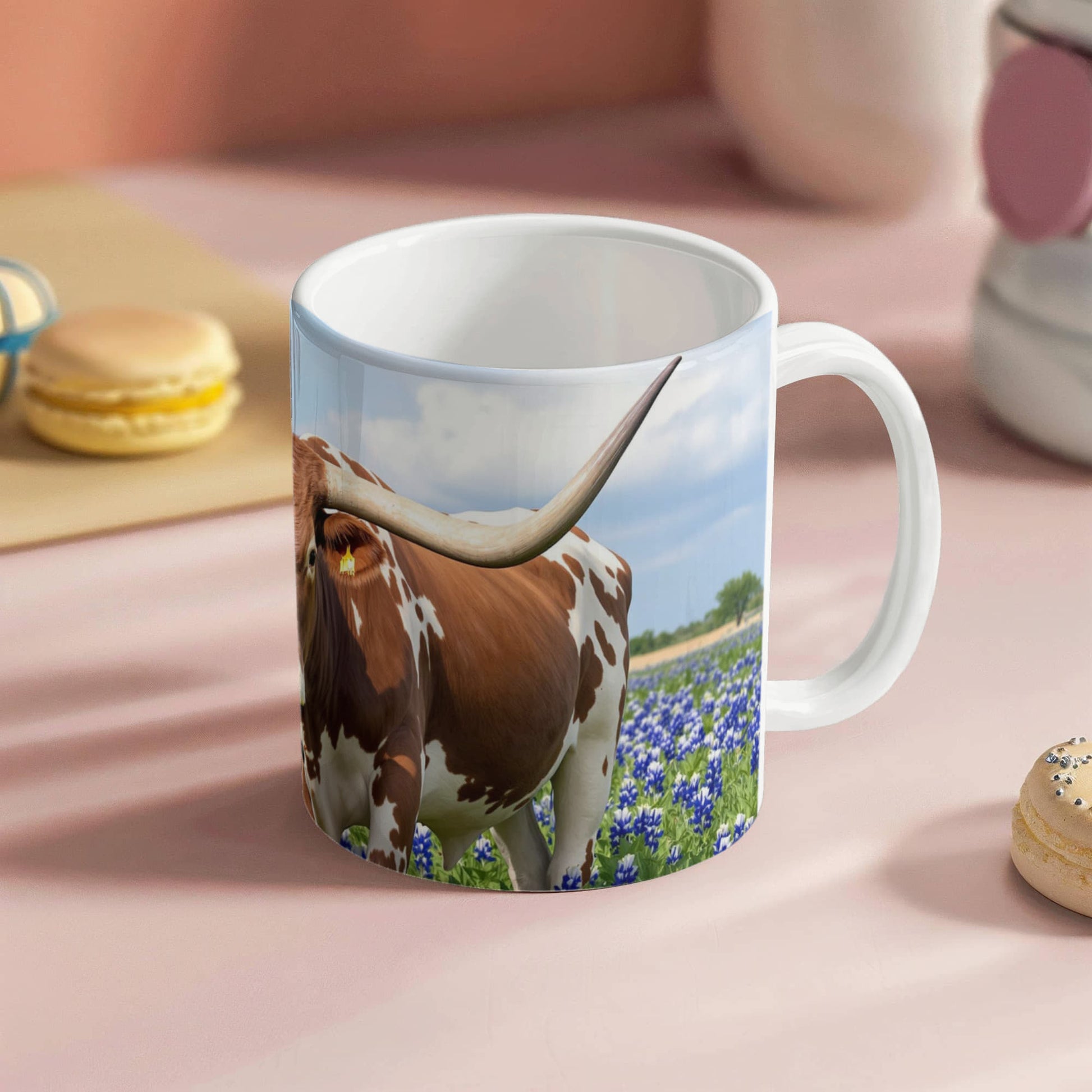 Texas Longhorn in Bluebonnets Ceramic Mug – 11oz & 15oz Coffee Cup for Western & Texas Pride Lovers - Mallard Moon Gift Shop