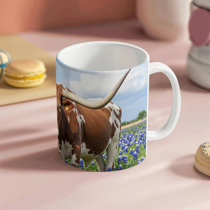 Texas Longhorn in Bluebonnets Ceramic Mug – 11oz & 15oz Coffee Cup for Western & Texas Pride Lovers - Mallard Moon Gift Shop