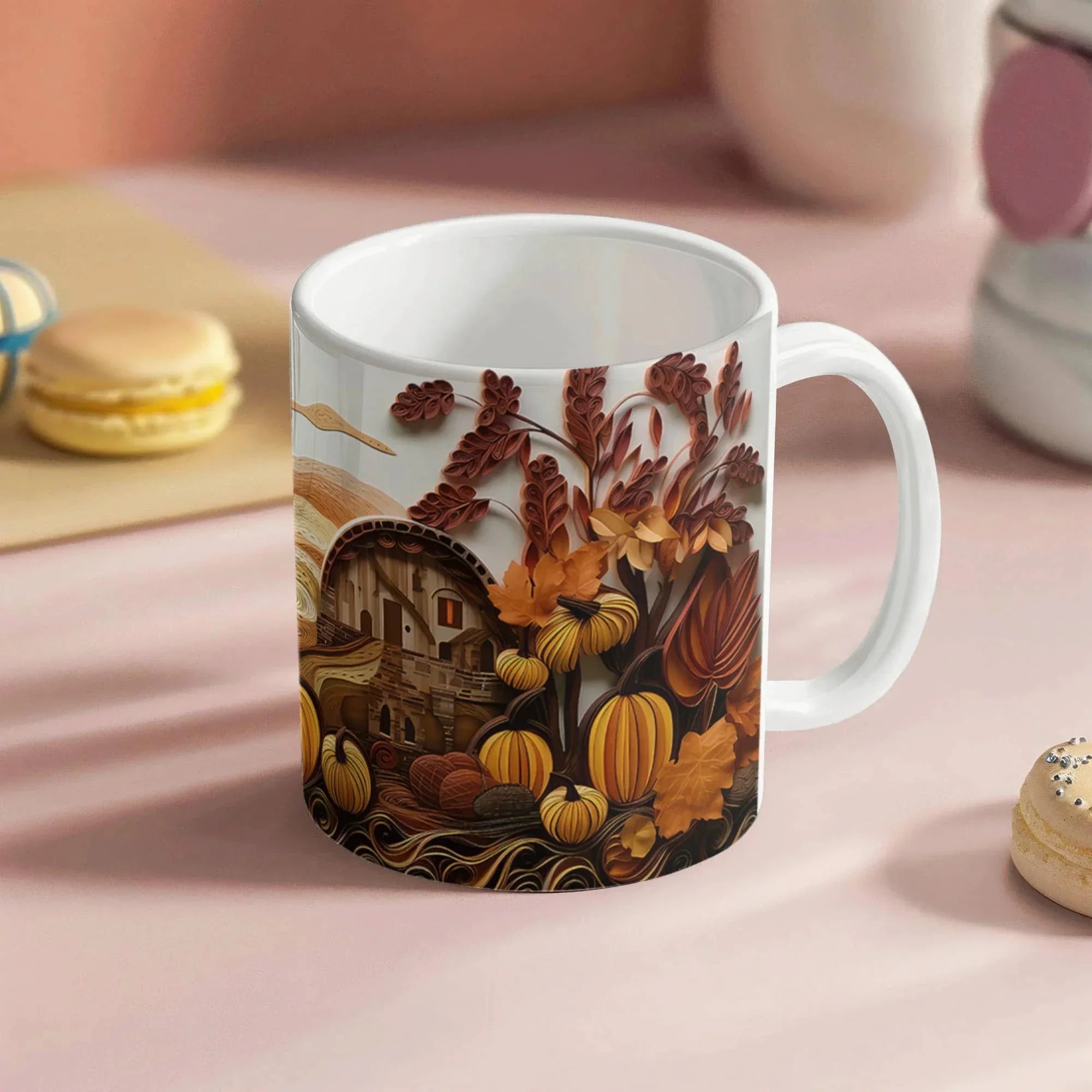 Happy Thanksgiving Coffee Mug – Festive Autumn Pumpkins & Fall Leaves Design – Available in 11oz & 15oz Ceramic