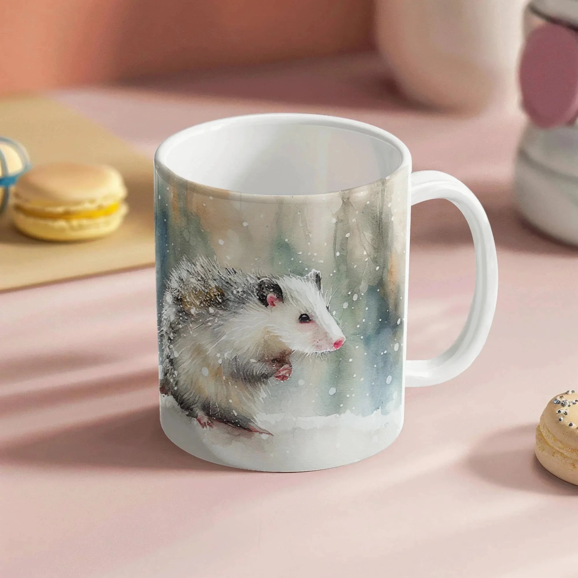Opossum Coffee Mug – White Ceramic Mug with Possum Winter Watercolor Design | 11oz & 15oz Sizes