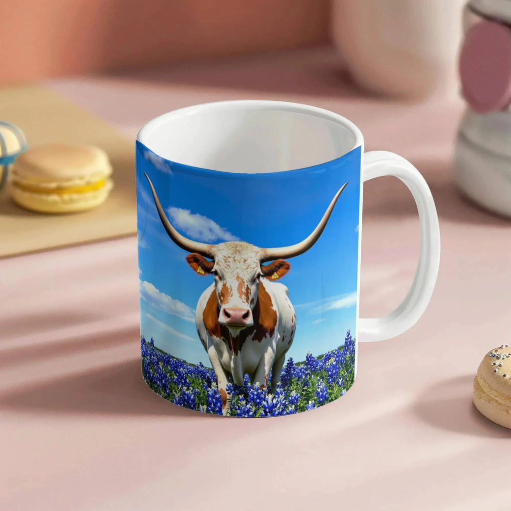 Texas Longhorn in Bluebonnet Field Ceramic Mug – 11oz & 15oz Coffee Cup - Western, Ranch, and Texan Pride