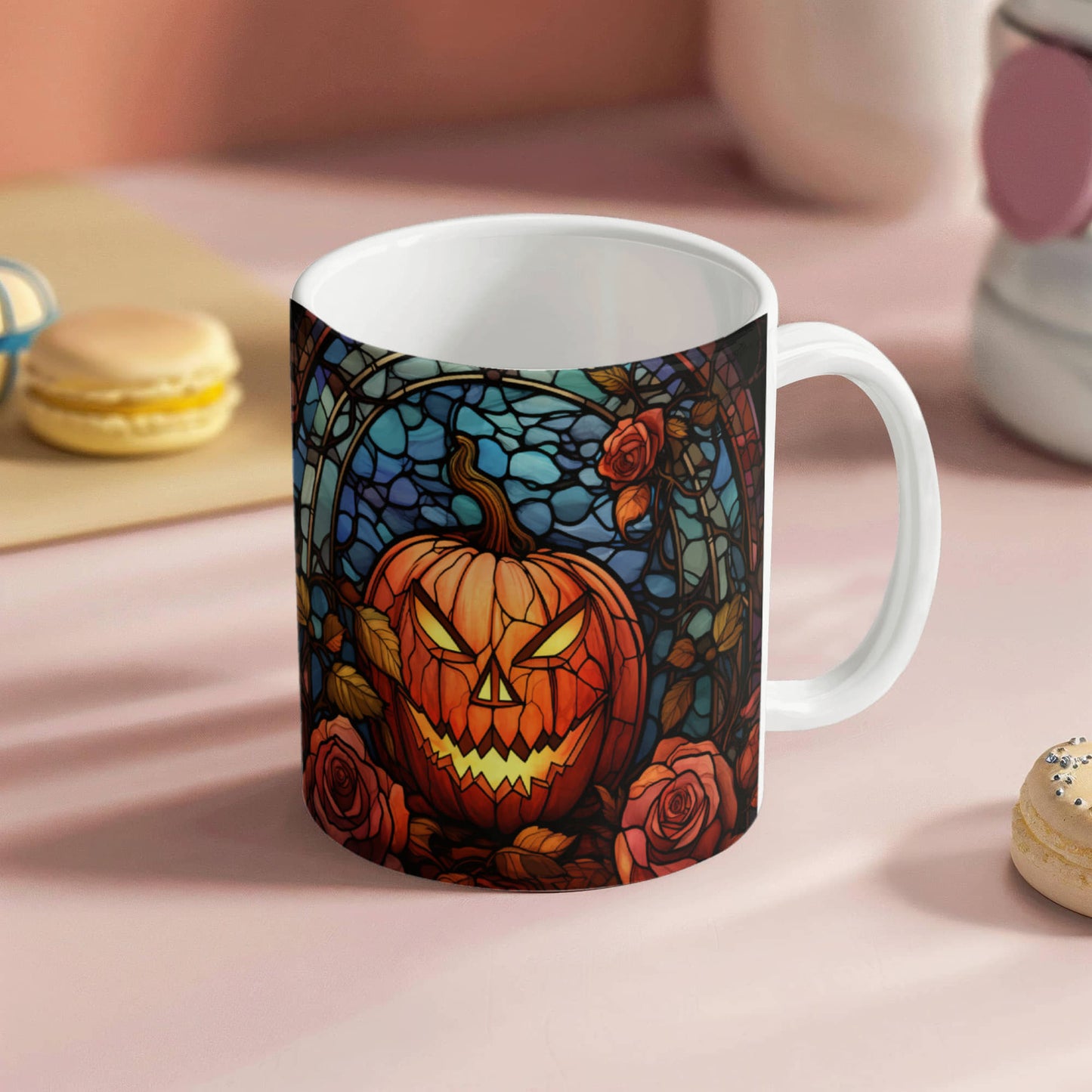 Stained Glass Pumpkin Halloween Mug – Vibrant Jack-O'-Lantern Coffee Cup | Fall Drinkware - Mallard Moon