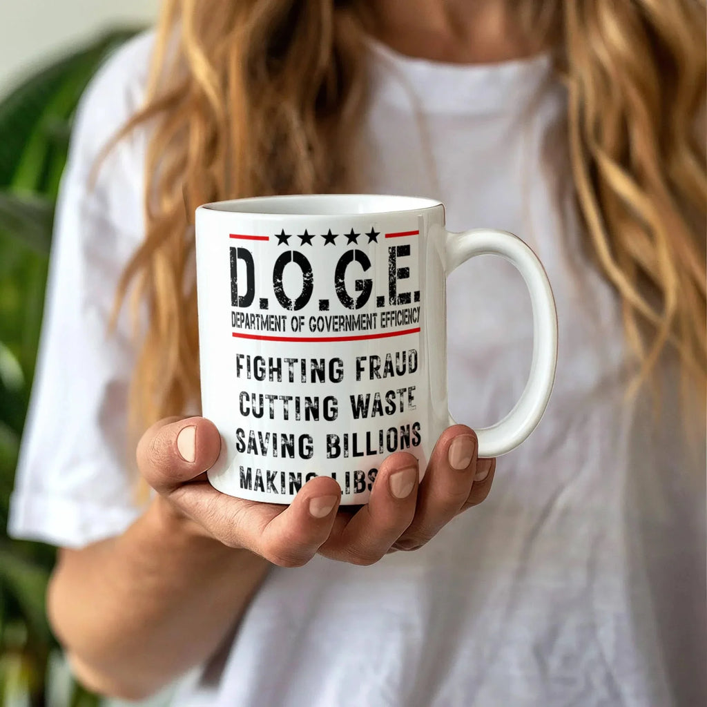 D.O.G.E. Coffee Mug – Funny Conservative Political Gift – Fighting Fraud, Cutting Waste, Saving Billions – 11oz & 15oz White Ceramic Cup