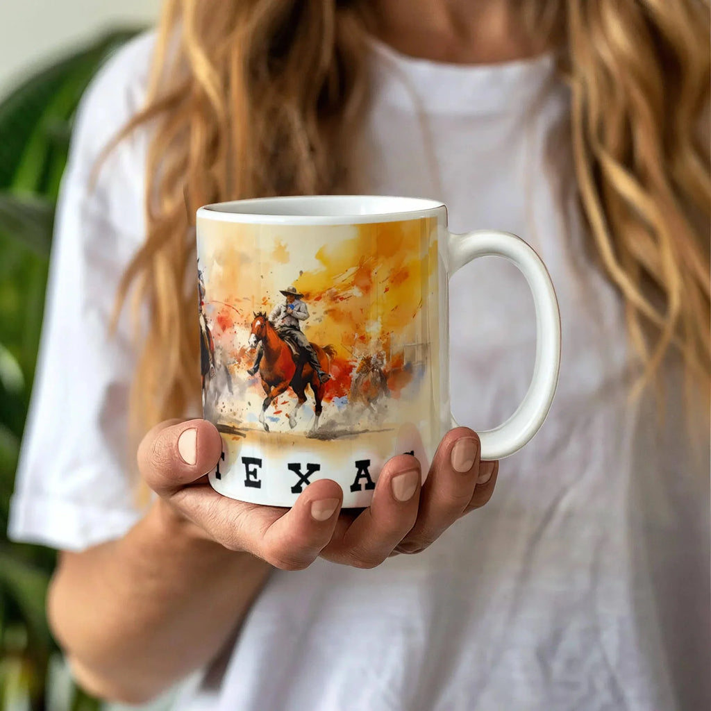 Texas Rodeo Cowboy Ceramic Mug – 11oz & 15oz – Western Horseback Riding Coffee Cup for Texans, Ranchers, Cowgirls & Lone Star State Fans