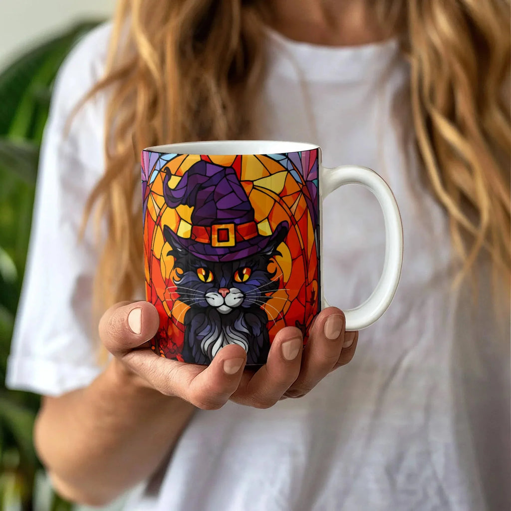 Halloween Black Cat Witch Stained Glass Mug – Spooky Fall Coffee Cup for Cat Lovers | Mallard Moon Gift Shop