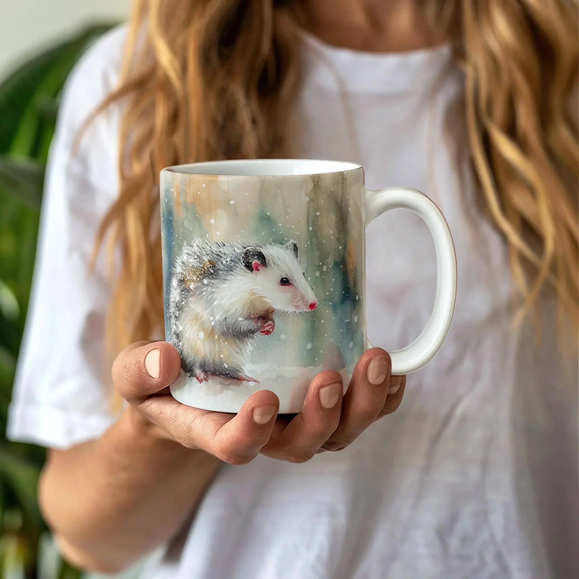 Opossum Coffee Mug – White Ceramic Mug with Possum Winter Watercolor Design | 11oz & 15oz Sizes