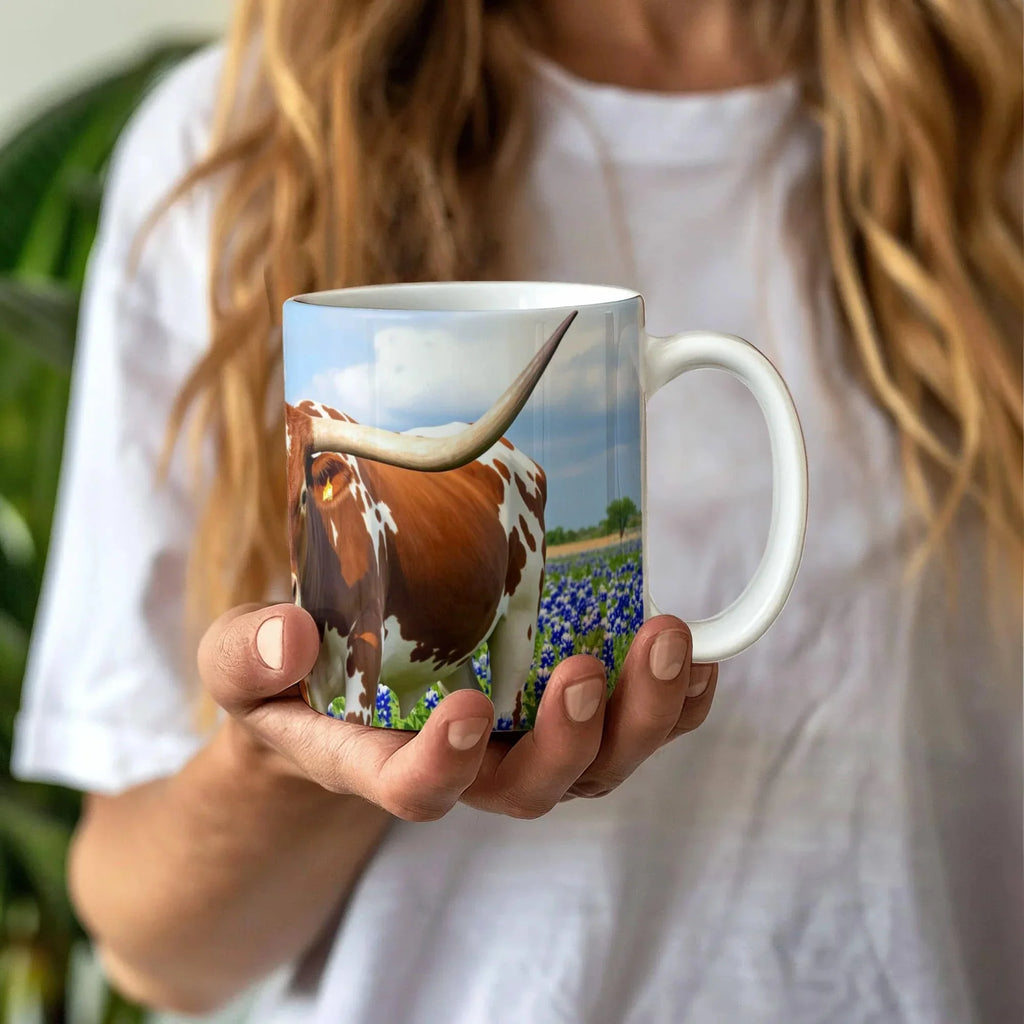 Texas Longhorn in Bluebonnets Ceramic Mug – 11oz & 15oz Coffee Cup for Western & Texas Pride Lovers