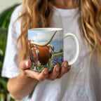 Texas Longhorn in Bluebonnets Ceramic Mug – 11oz & 15oz Coffee Cup for Western & Texas Pride Lovers