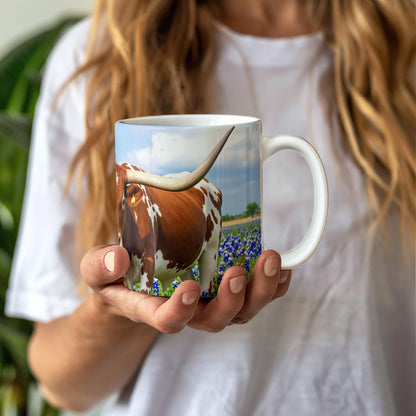 Texas Longhorn in Bluebonnets Ceramic Mug – 11oz & 15oz Coffee Cup for Western & Texas Pride Lovers - Mallard Moon Gift Shop