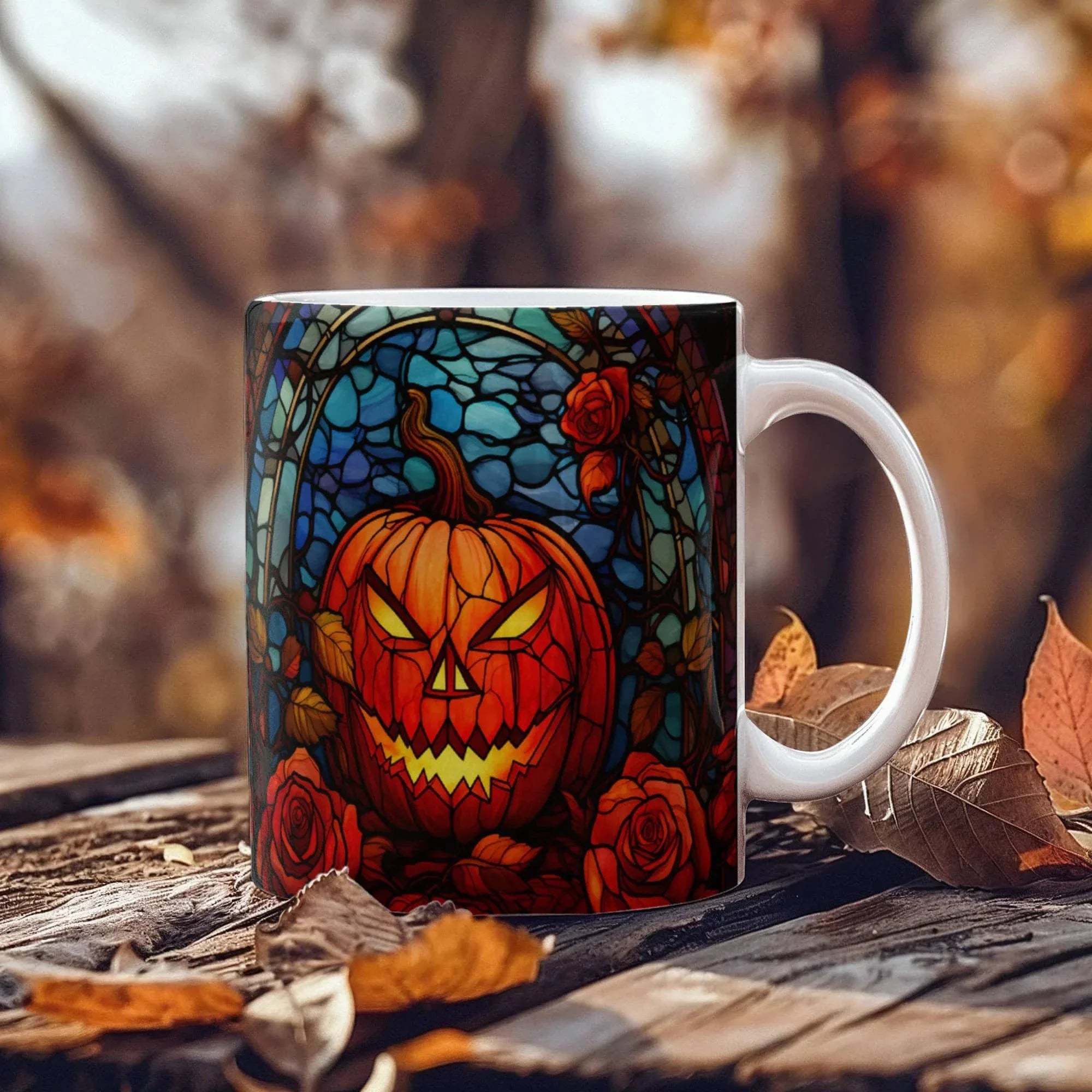 Stained Glass Pumpkin Halloween Mug – Vibrant Jack-O'-Lantern Coffee Cup | Fall Drinkware