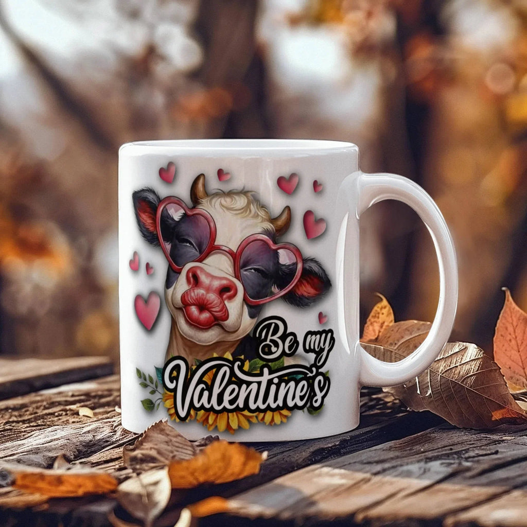 Be My Valentine's Cow Mug – Cute Cow with Heart Glasses Coffee Cup, Funny Farm Lover Valentine Gift for Her, Wife, Girlfriend & Cow Lovers