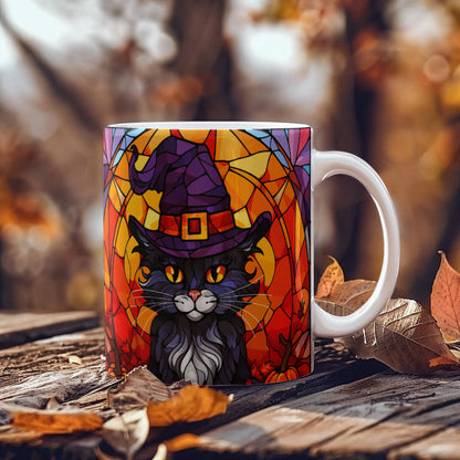 Halloween Black Cat Witch Stained Glass Mug – Spooky Fall Coffee Cup for Cat Lovers | Mallard Moon Gift Shop - Mallard Moon