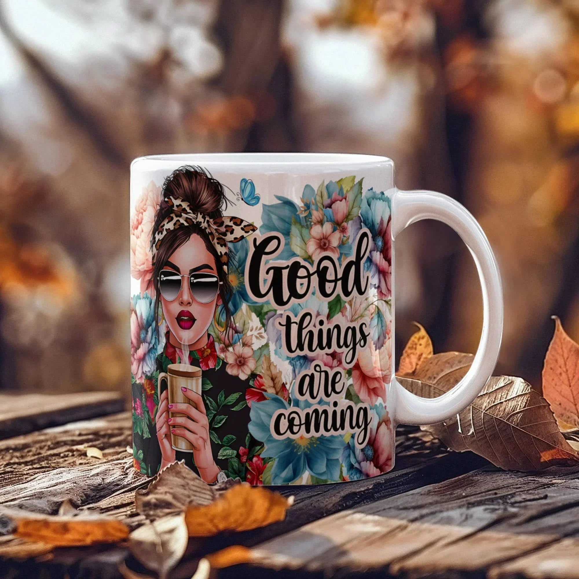 Good Things Are Coming Coffee Mug – Motivational Floral Mug with Stylish Woman, Positive Quote Gift for Women, Friends, Coworkers & Coffee Lovers
