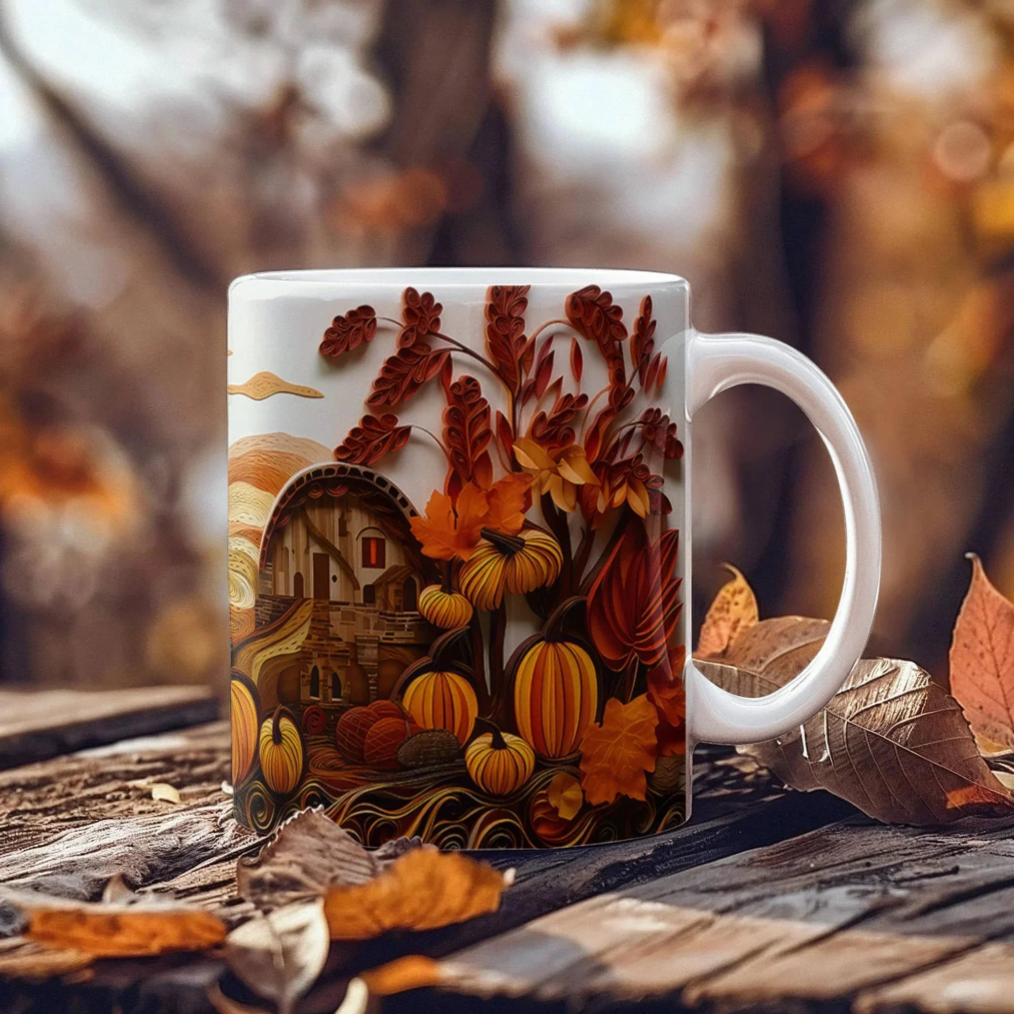 Happy Thanksgiving Coffee Mug – Festive Autumn Pumpkins & Fall Leaves Design – Available in 11oz & 15oz Ceramic