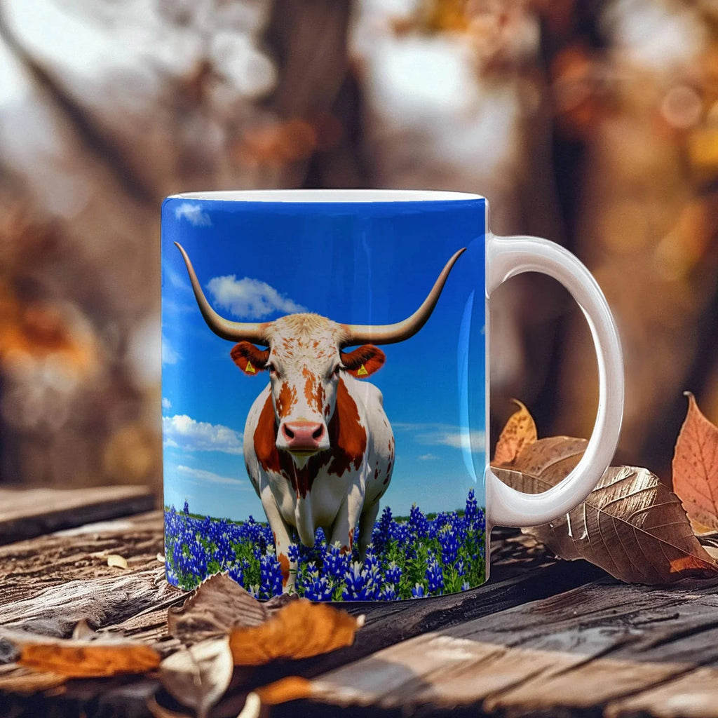 Texas Longhorn in Bluebonnet Field Ceramic Mug – 11oz & 15oz Coffee Cup - Western, Ranch, and Texan Pride