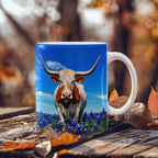 Texas Longhorn in Bluebonnet Field Ceramic Mug – 11oz & 15oz Coffee Cup - Western, Ranch, and Texan Pride