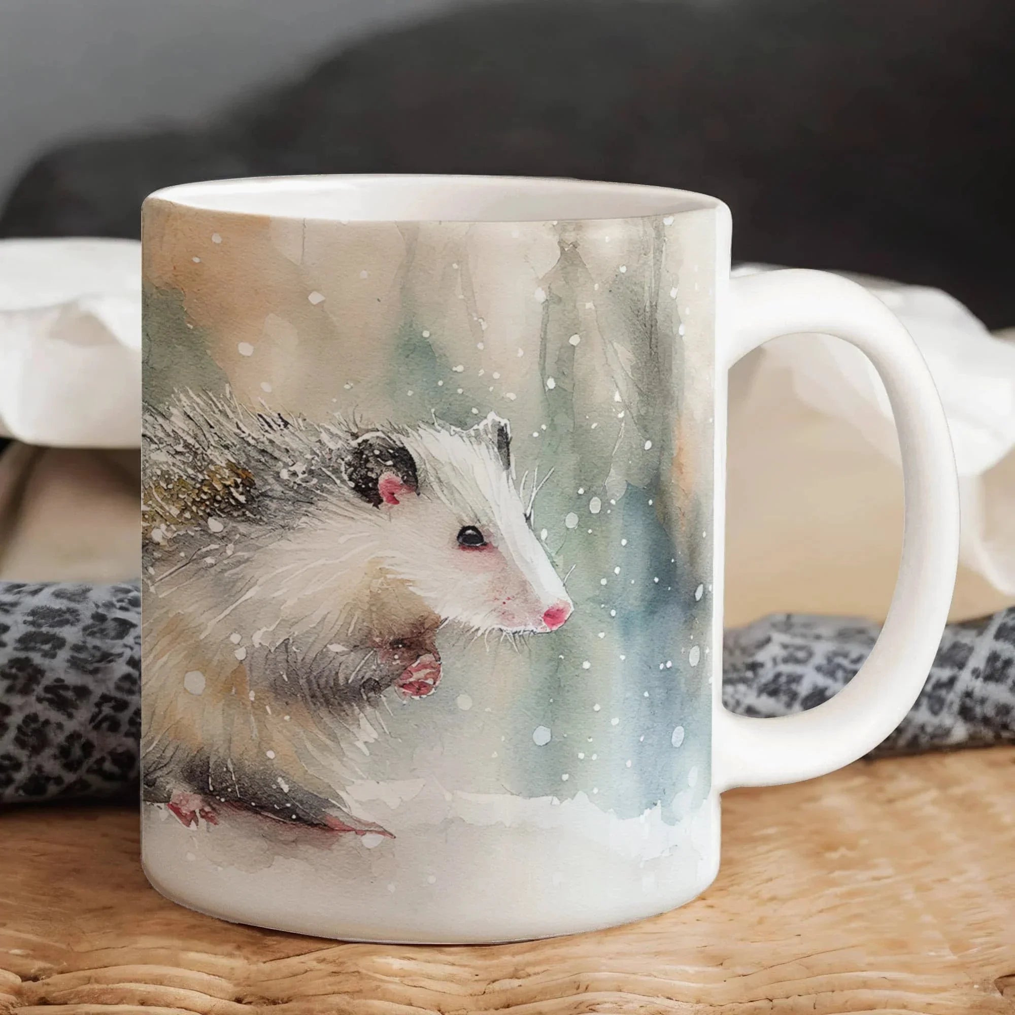 Opossum Coffee Mug – White Ceramic Mug with Possum Winter Watercolor Design | 11oz & 15oz Sizes