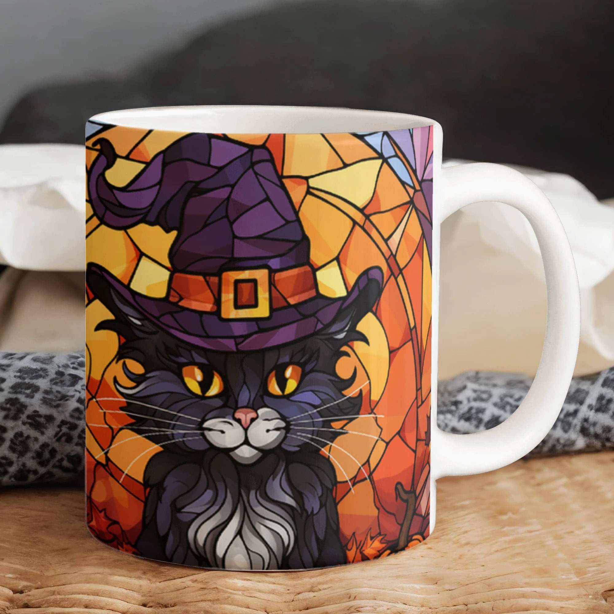 Halloween Black Cat Witch Stained Glass Mug – Spooky Fall Coffee Cup for Cat Lovers | Mallard Moon Gift Shop