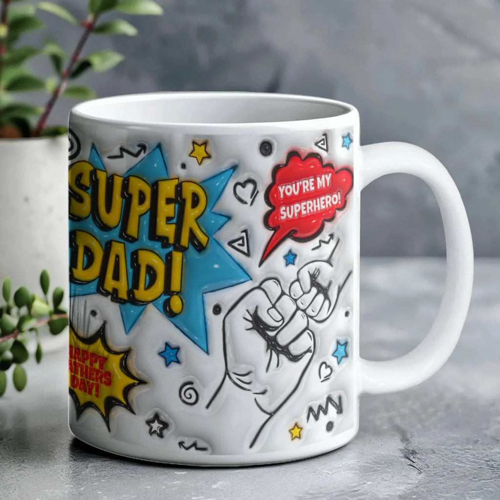 Super Dad Mug – Comic Book Style Father's Day Gift for the Hero of Your Life (11 oz or 15 oz Ceramic Coffee Cup)