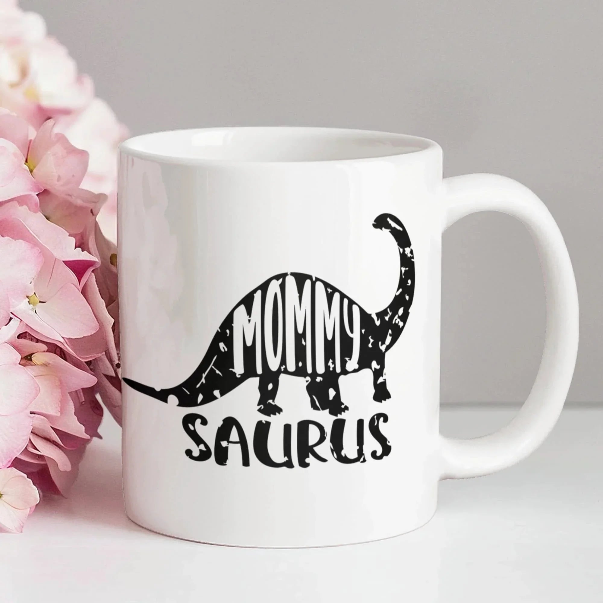 Mommy Saurus Dinosaur Mug – Funny Gift for Moms – White Ceramic Coffee Mug