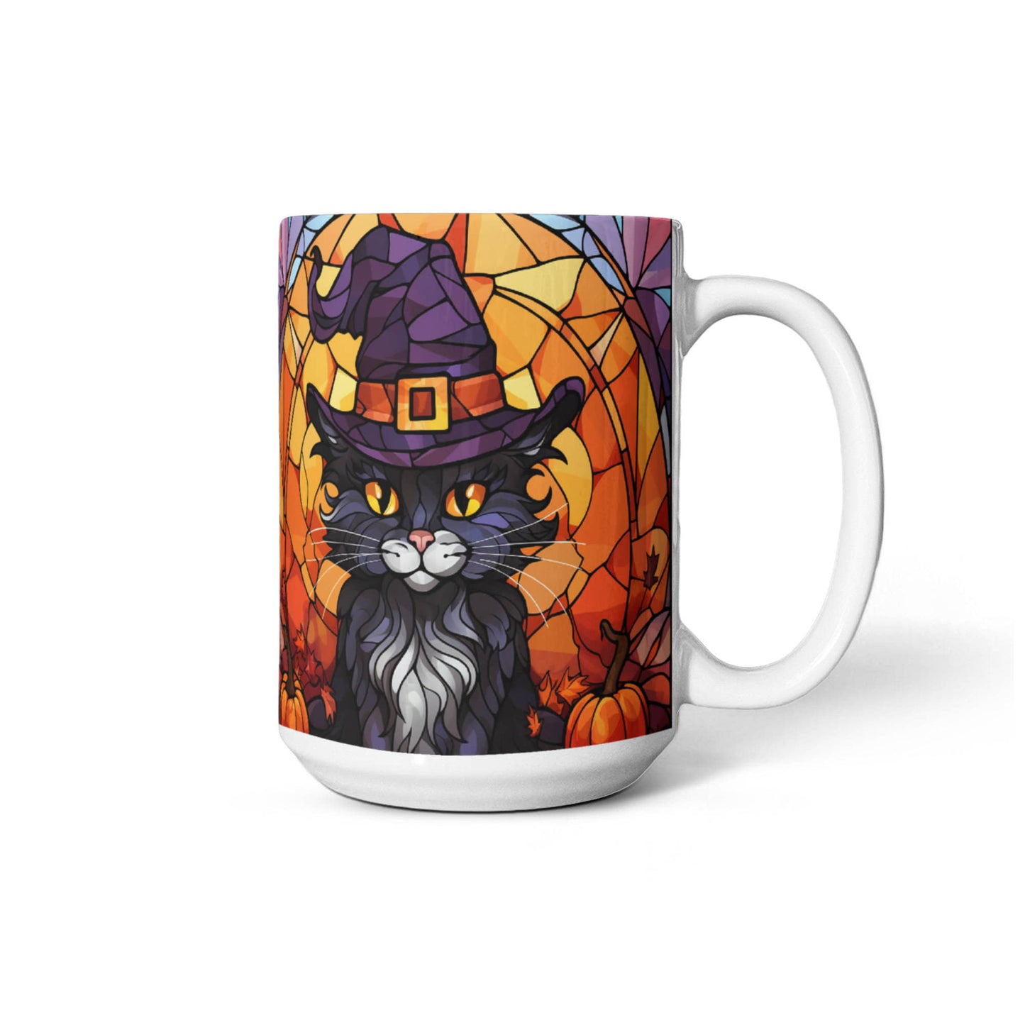 Halloween Black Cat Witch Stained Glass Mug – Spooky Fall Coffee Cup for Cat Lovers | Mallard Moon Gift Shop - Mallard Moon