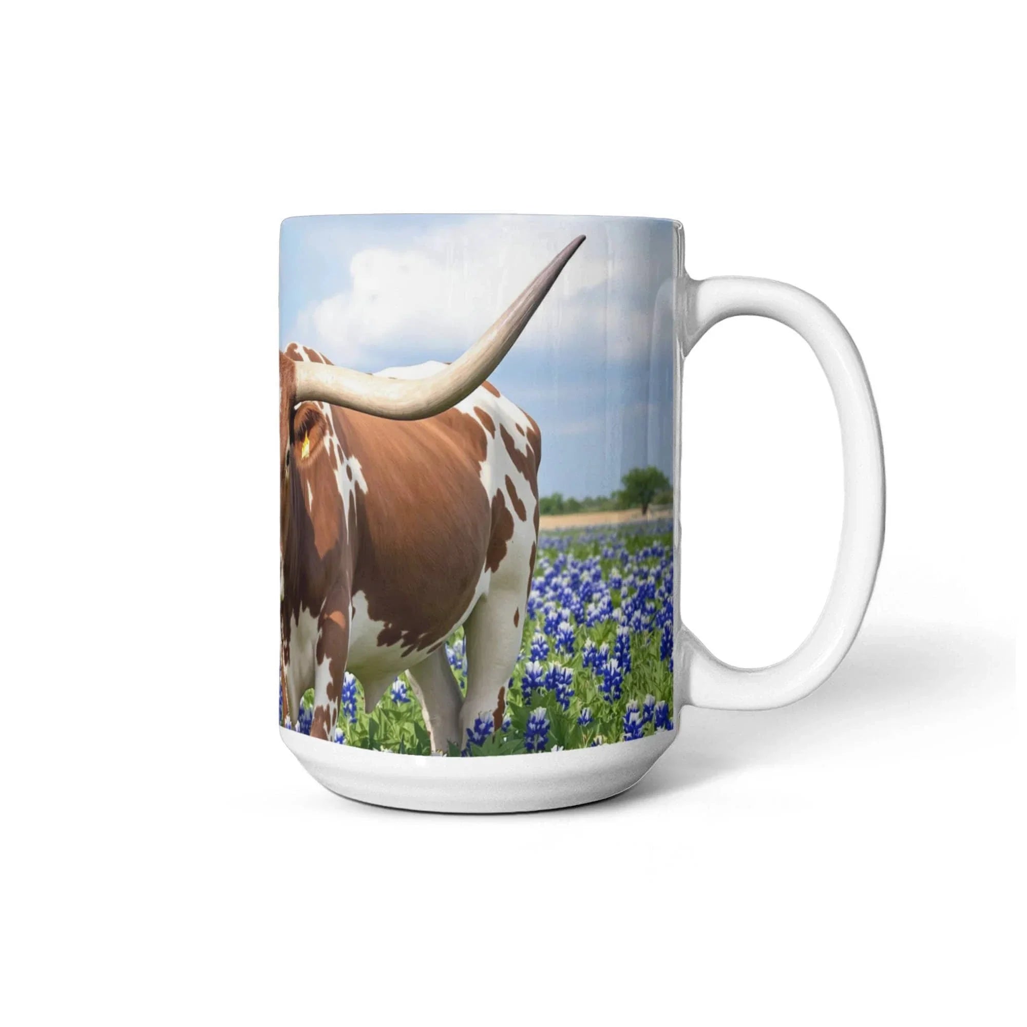 Texas Longhorn in Bluebonnets Ceramic Mug – 11oz & 15oz Coffee Cup for Western & Texas Pride Lovers