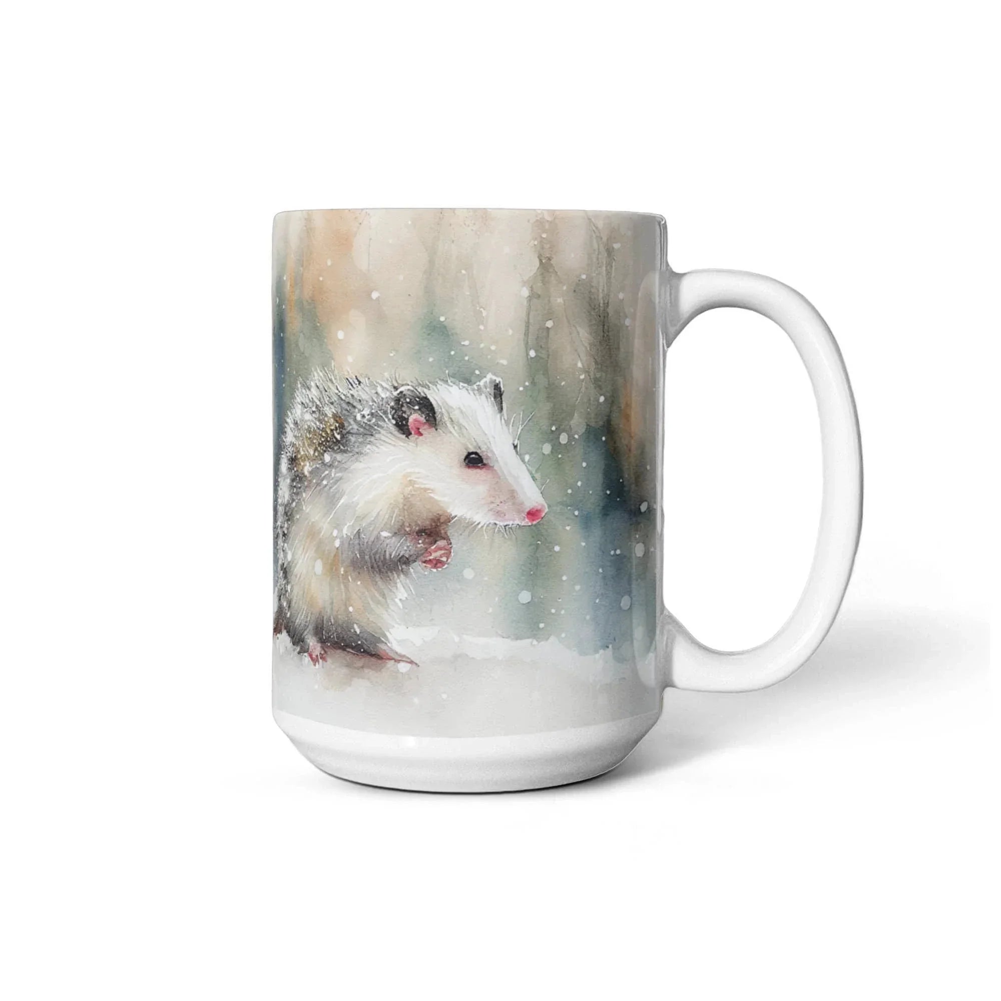 Opossum Coffee Mug – White Ceramic Mug with Possum Winter Watercolor Design | 11oz & 15oz Sizes