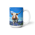 Texas Longhorn in Bluebonnet Field Ceramic Mug – 11oz & 15oz Coffee Cup - Western, Ranch, and Texan Pride
