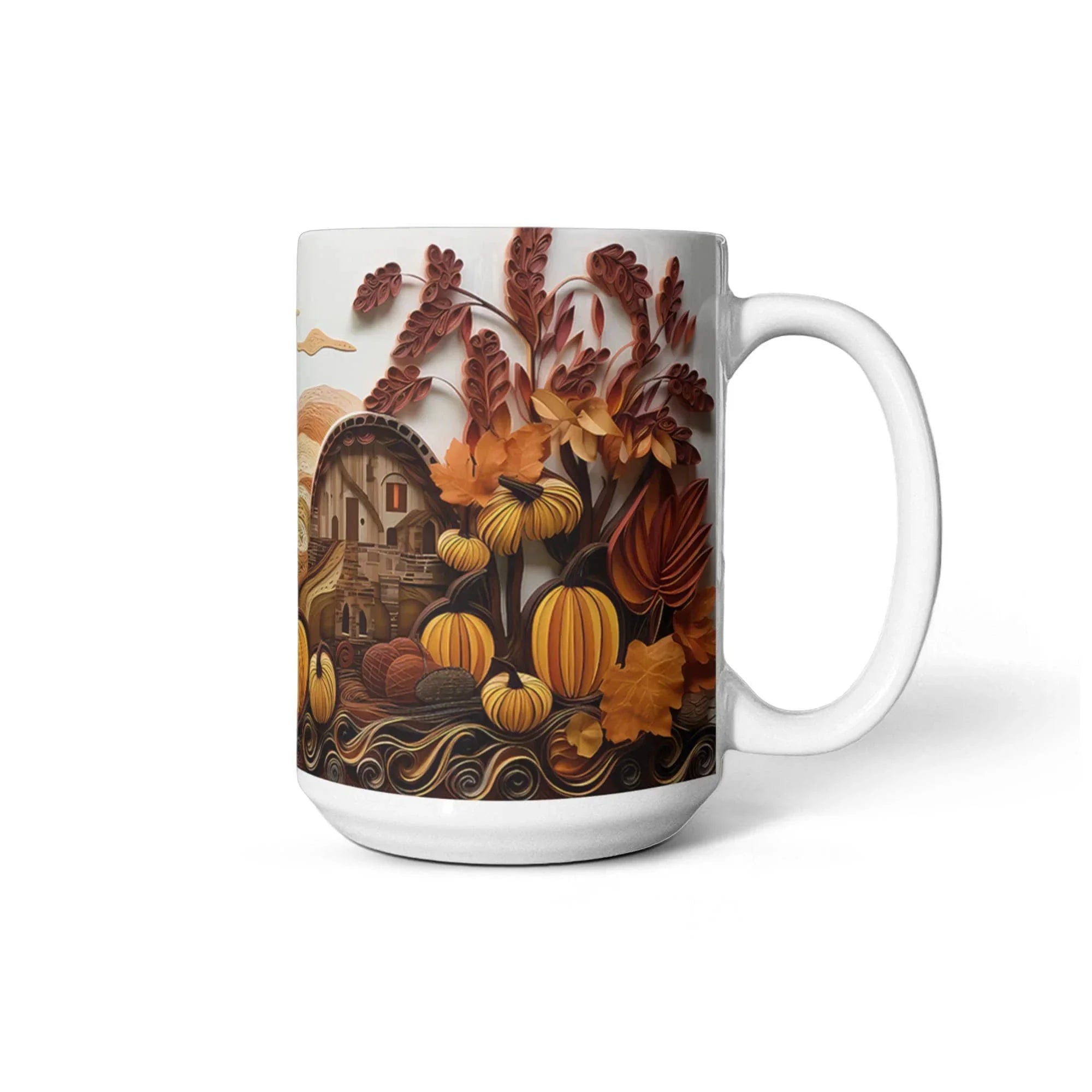 Happy Thanksgiving Coffee Mug – Festive Autumn Pumpkins & Fall Leaves Design – Available in 11oz & 15oz Ceramic
