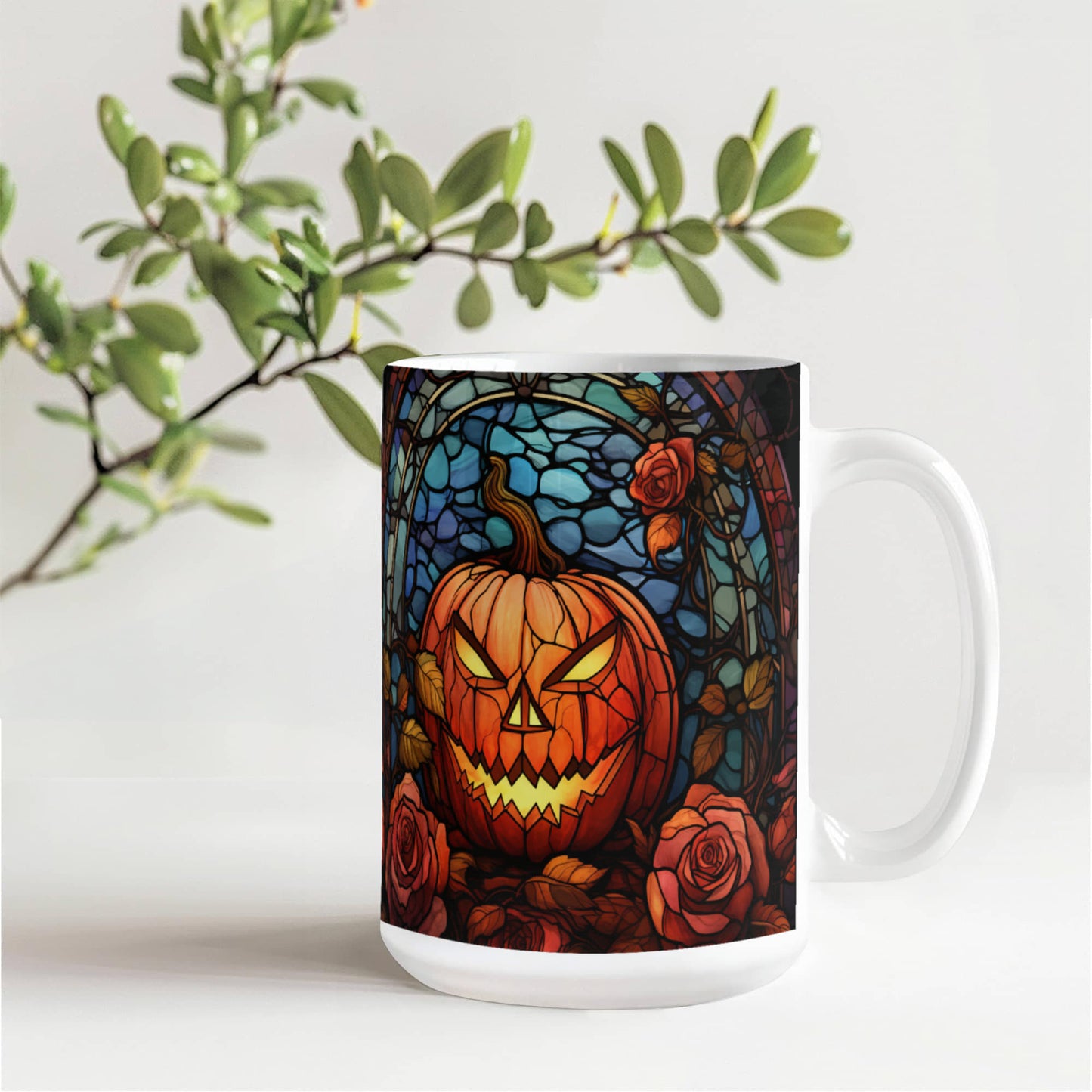 Stained Glass Pumpkin Halloween Mug – Vibrant Jack-O'-Lantern Coffee Cup | Fall Drinkware - Mallard Moon