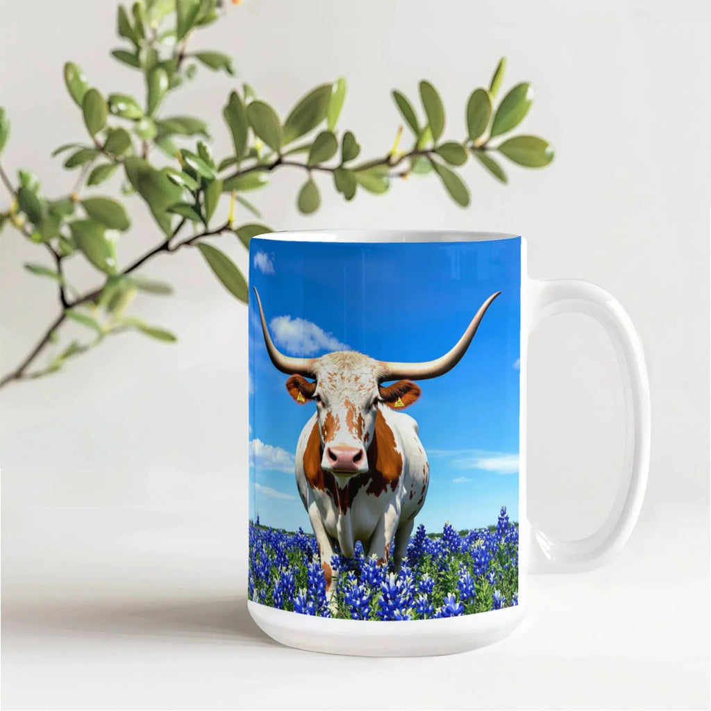 Texas Longhorn in Bluebonnet Field Ceramic Mug – 11oz & 15oz Coffee Cup - Western, Ranch, and Texan Pride