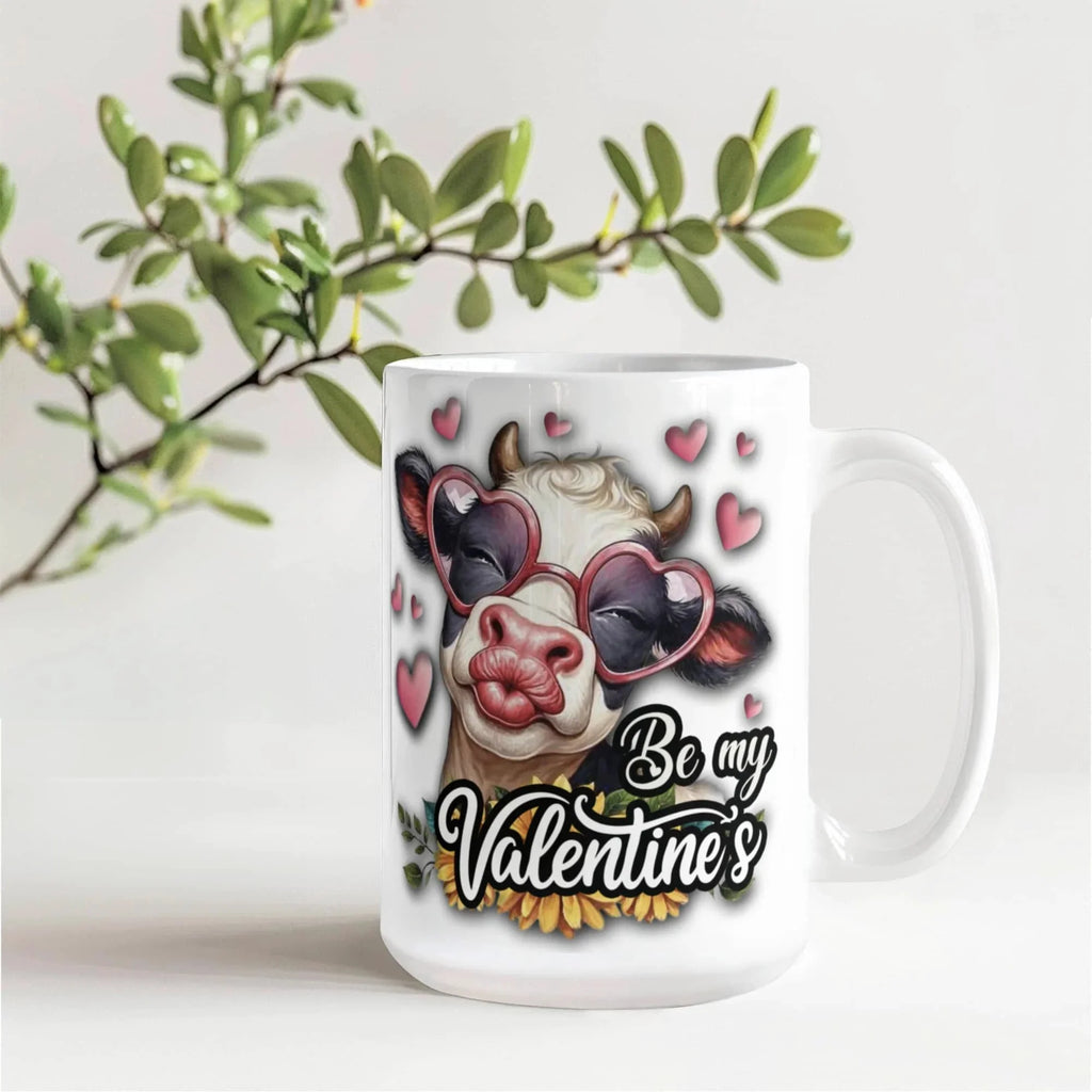 Be My Valentine's Cow Mug – Cute Cow with Heart Glasses Coffee Cup, Funny Farm Lover Valentine Gift for Her, Wife, Girlfriend & Cow Lovers