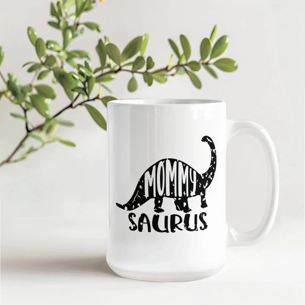 Mommy Saurus Dinosaur Mug – Funny Gift for Moms – White Ceramic Coffee Mug
