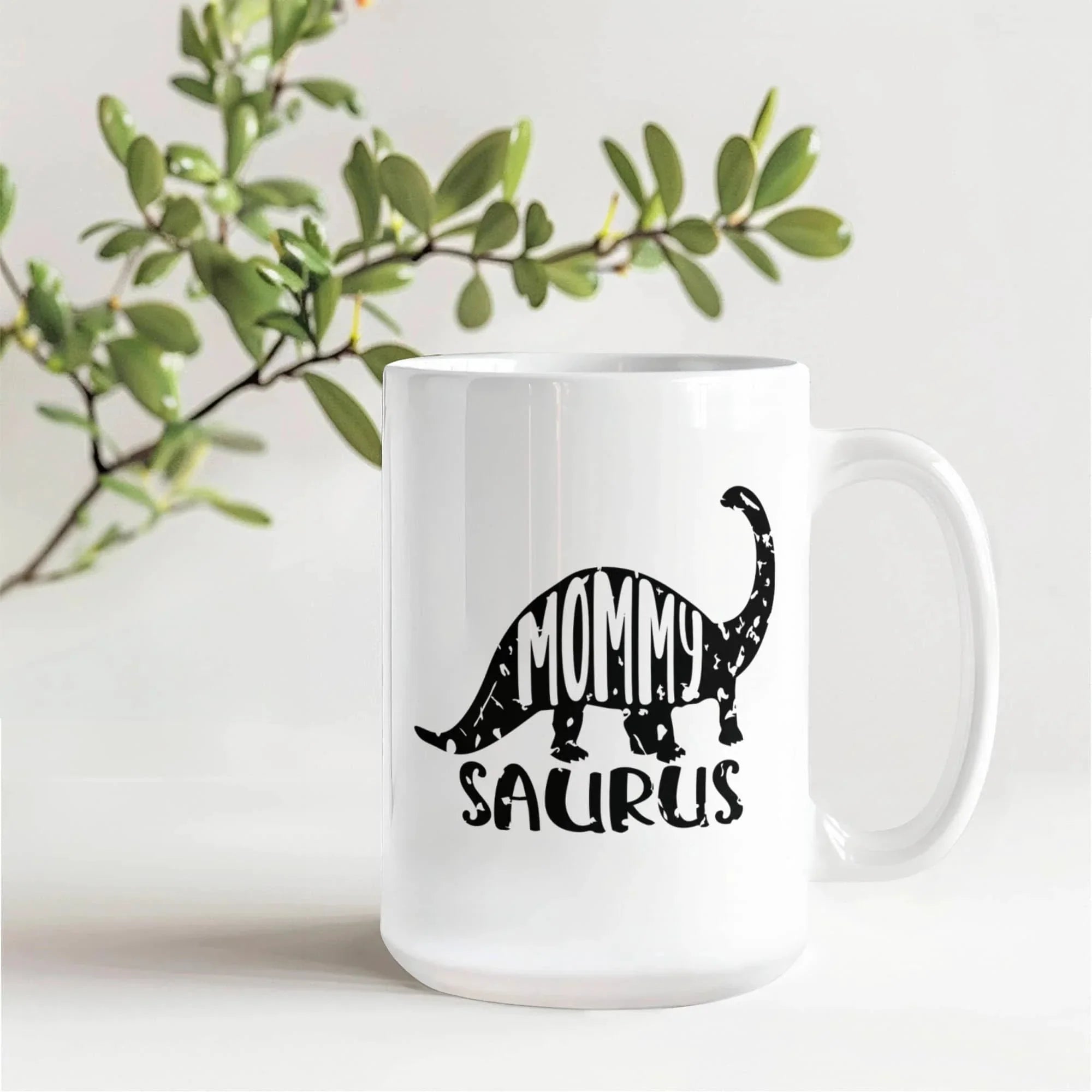 Mommy Saurus Dinosaur Mug – Funny Gift for Moms – White Ceramic Coffee Mug