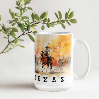 Texas Rodeo Cowboy Ceramic Mug – 11oz & 15oz – Western Horseback Riding Coffee Cup for Texans, Ranchers, Cowgirls & Lone Star State Fans - Mallard Moon Gift Shop