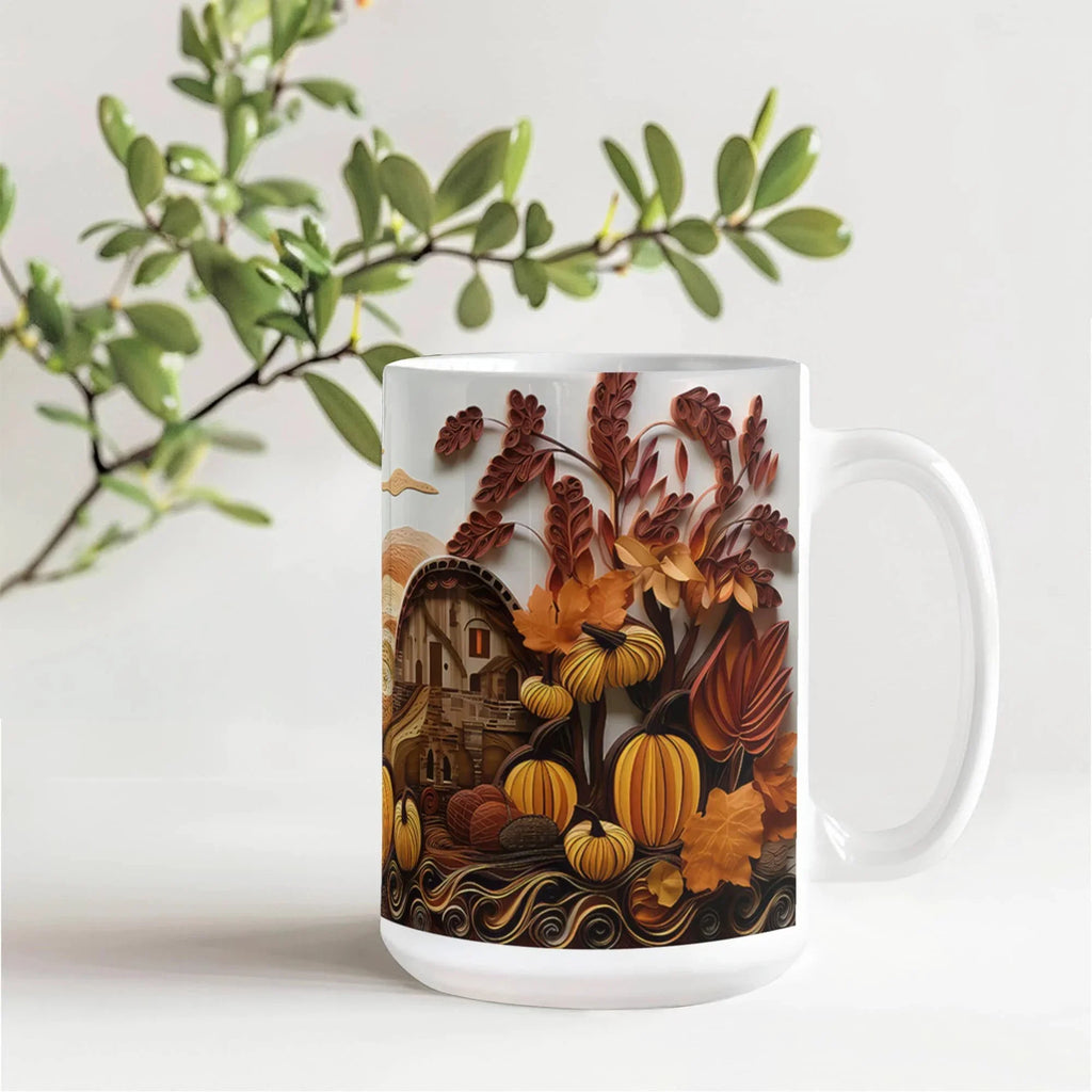 Happy Thanksgiving Coffee Mug – Festive Autumn Pumpkins & Fall Leaves Design – Available in 11oz & 15oz Ceramic