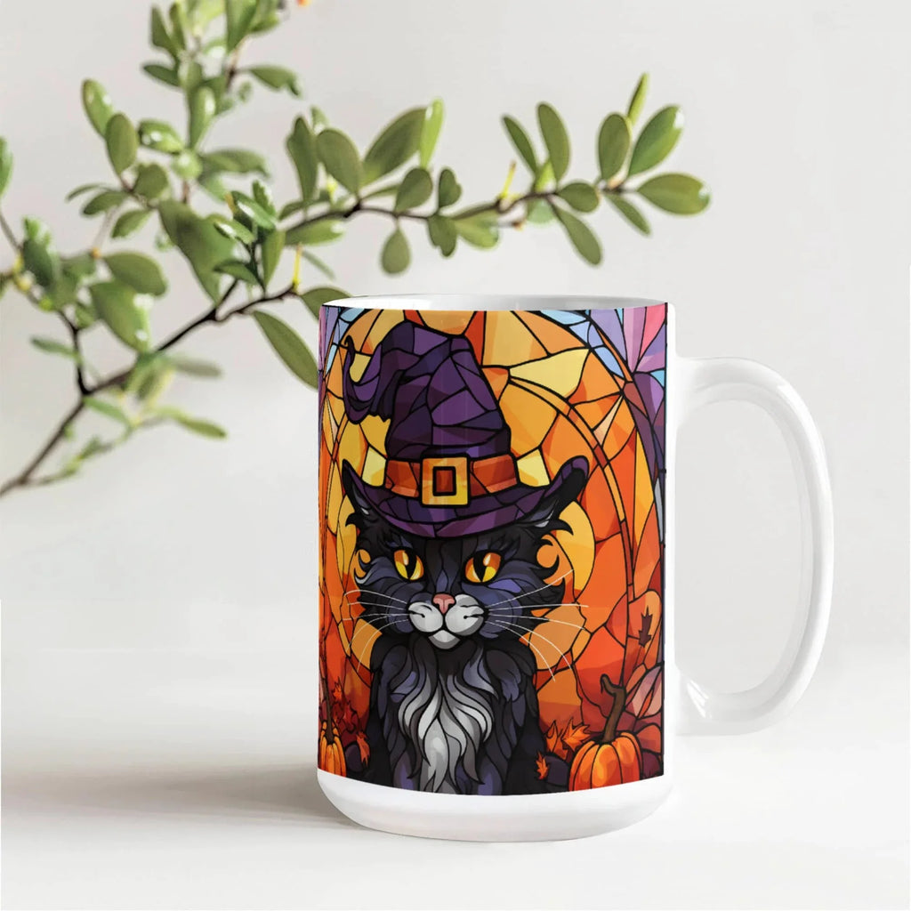 Halloween Black Cat Witch Stained Glass Mug – Spooky Fall Coffee Cup for Cat Lovers | Mallard Moon Gift Shop