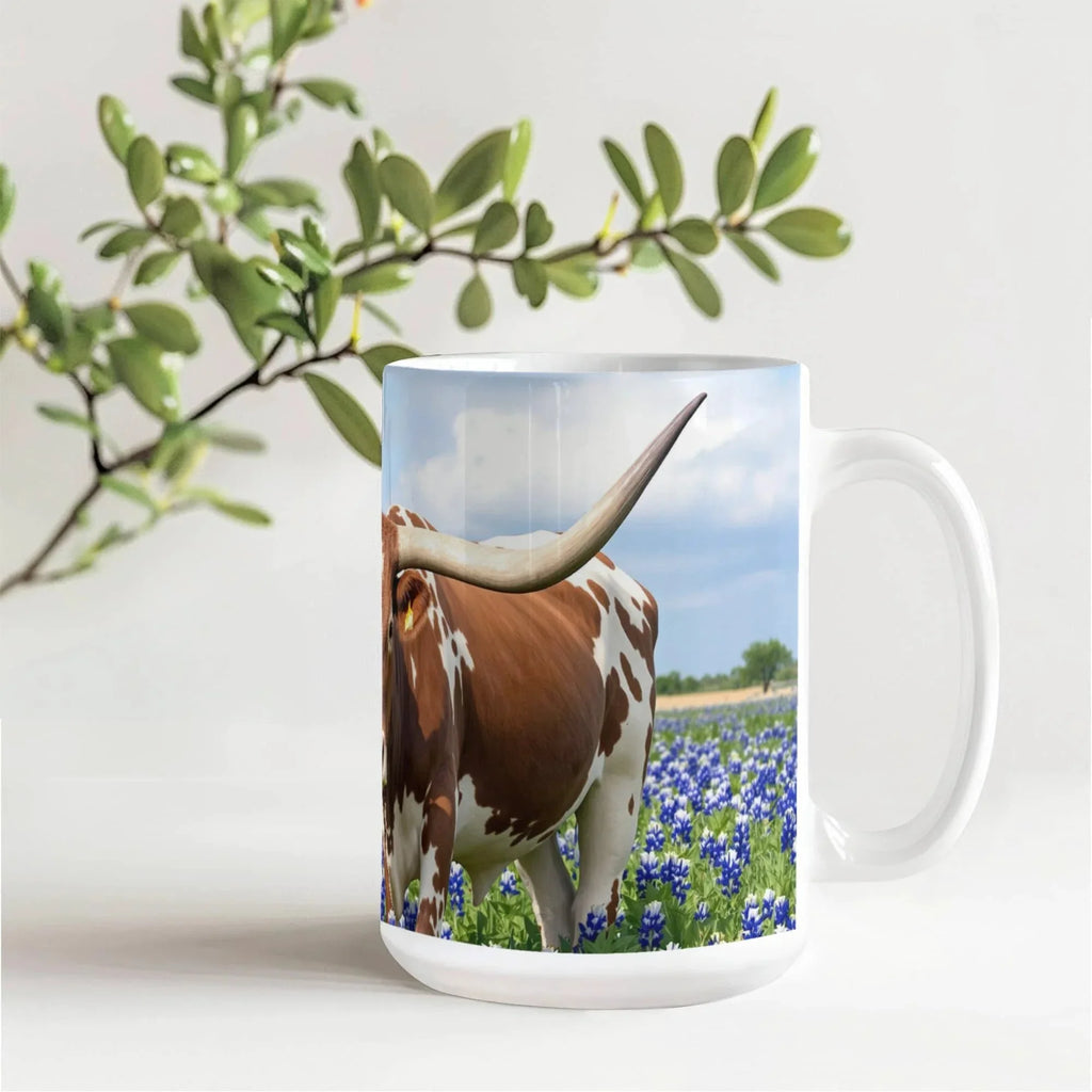 Texas Longhorn in Bluebonnets Ceramic Mug – 11oz & 15oz Coffee Cup for Western & Texas Pride Lovers