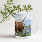 Texas Longhorn in Bluebonnets Ceramic Mug – 11oz & 15oz Coffee Cup for Western & Texas Pride Lovers