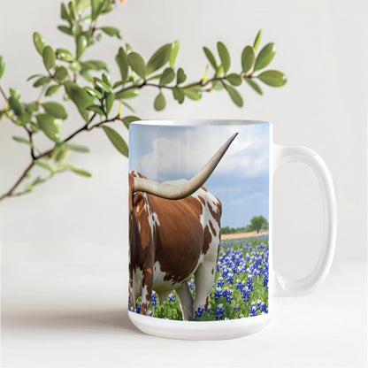 Texas Longhorn in Bluebonnets Ceramic Mug – 11oz & 15oz Coffee Cup for Western & Texas Pride Lovers - Mallard Moon Gift Shop