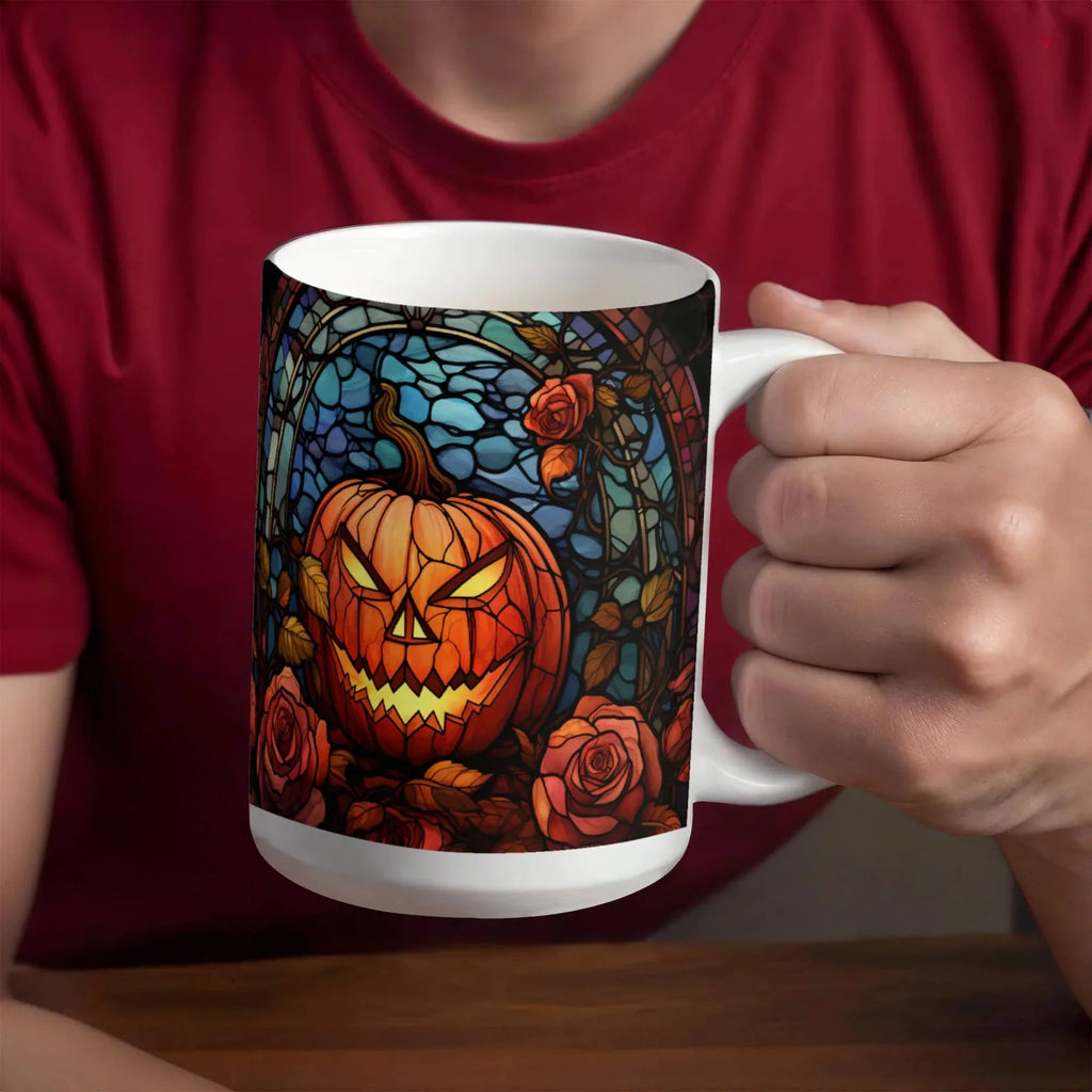 Stained Glass Pumpkin Halloween Mug – Vibrant Jack-O'-Lantern Coffee Cup | Fall Drinkware