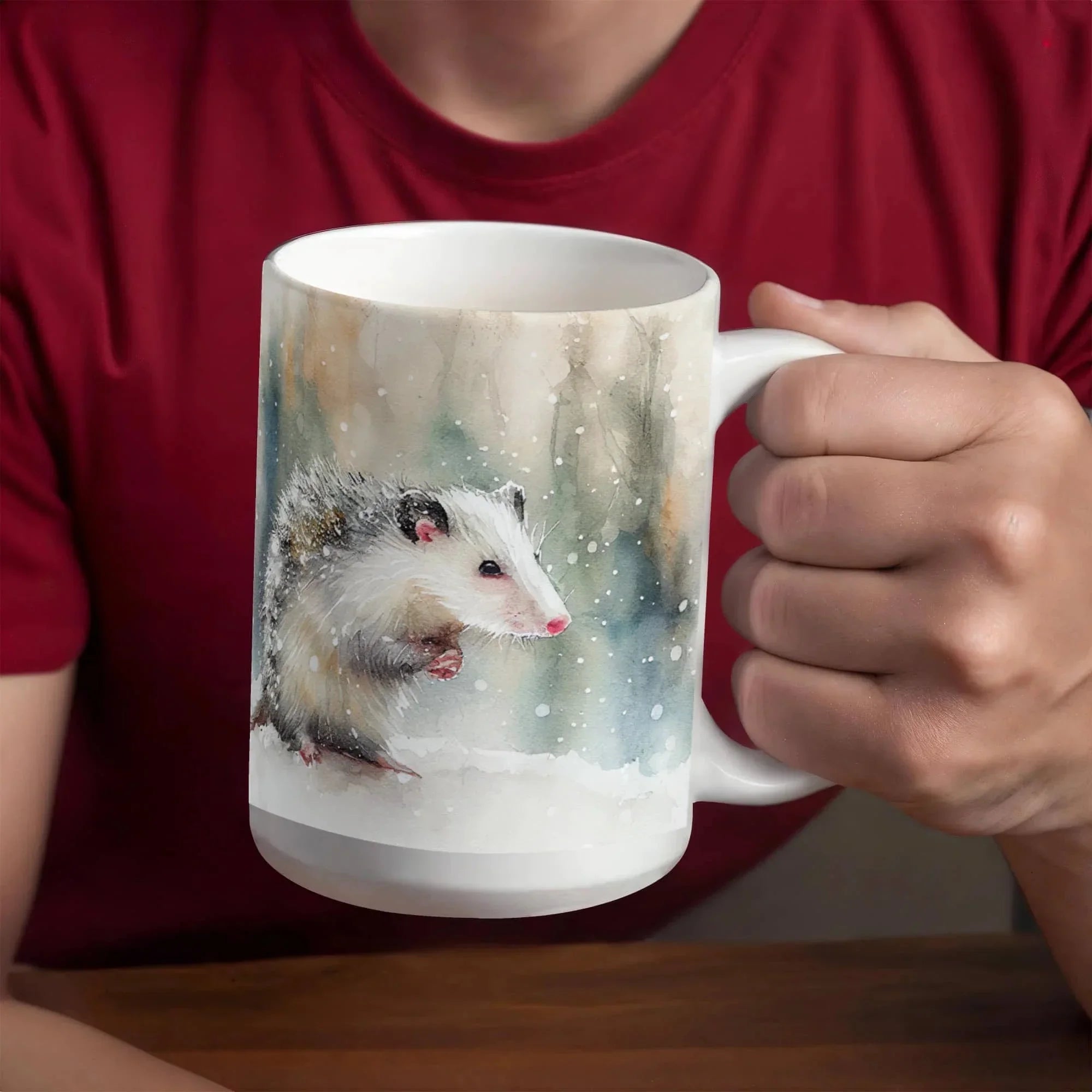 Opossum Coffee Mug – White Ceramic Mug with Possum Winter Watercolor Design | 11oz & 15oz Sizes