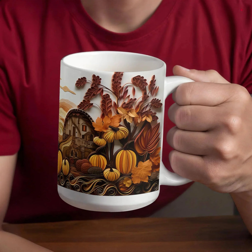 Happy Thanksgiving Coffee Mug – Festive Autumn Pumpkins & Fall Leaves Design – Available in 11oz & 15oz Ceramic