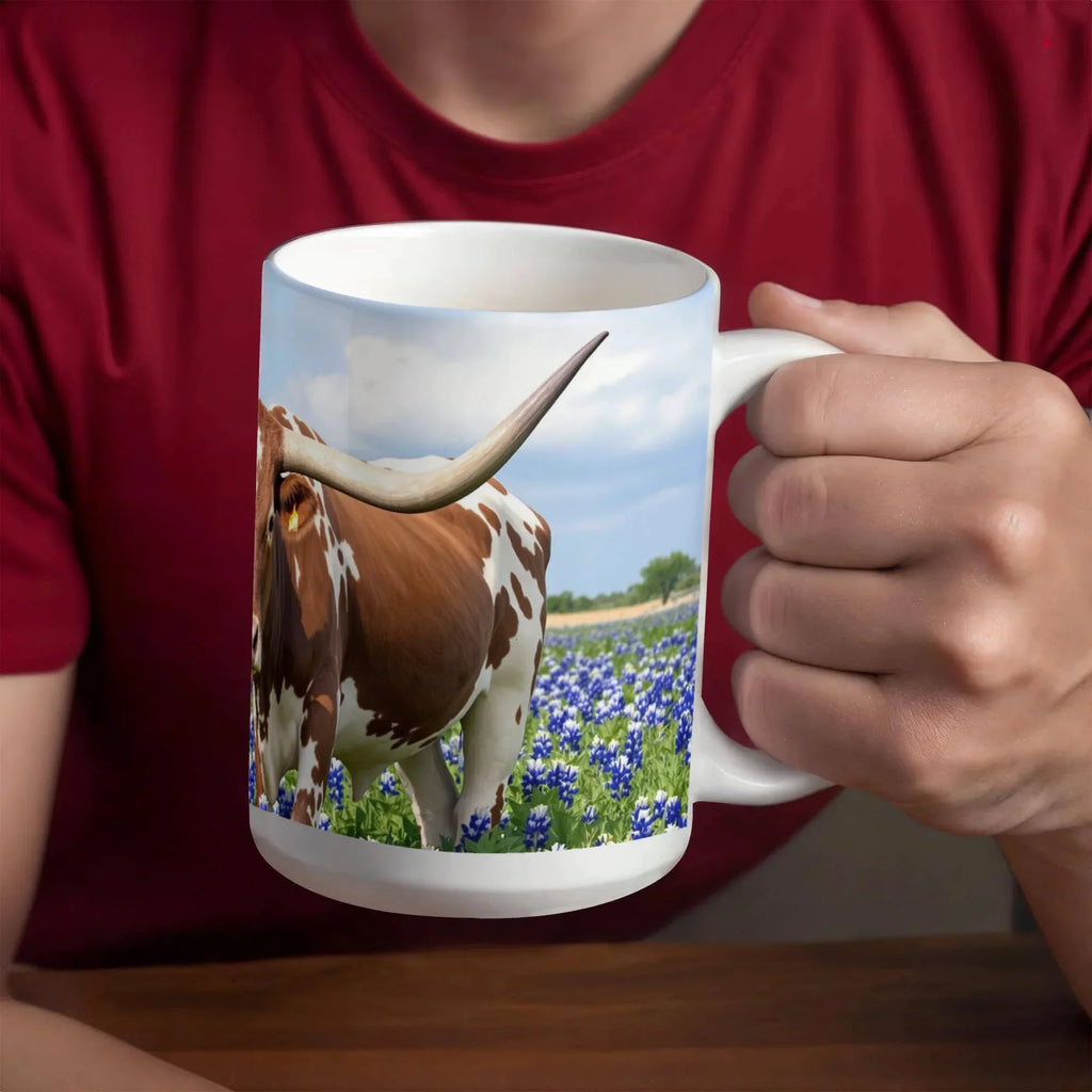 Texas Longhorn in Bluebonnets Ceramic Mug – 11oz & 15oz Coffee Cup for Western & Texas Pride Lovers