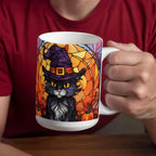 Halloween Black Cat Witch Stained Glass Mug – Spooky Fall Coffee Cup for Cat Lovers | Mallard Moon Gift Shop