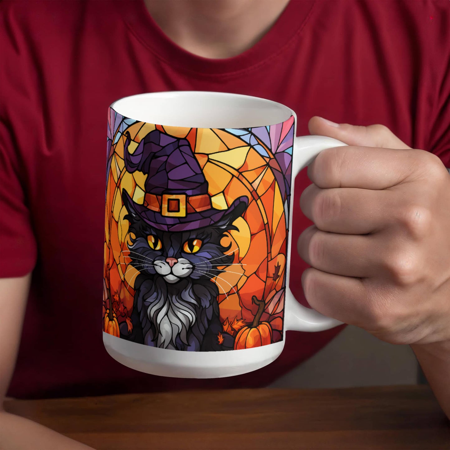 Halloween Black Cat Witch Stained Glass Mug – Spooky Fall Coffee Cup for Cat Lovers | Mallard Moon Gift Shop - Mallard Moon