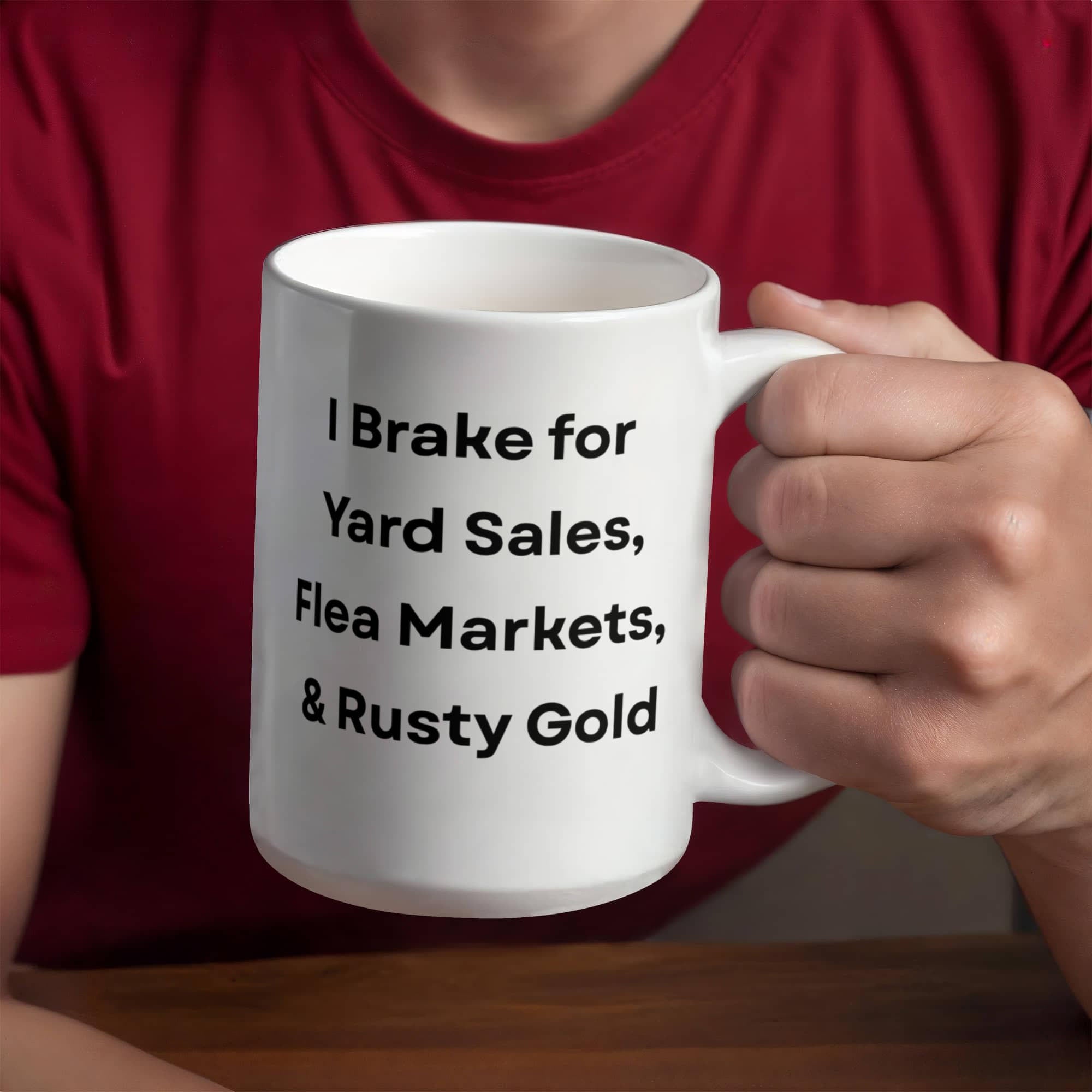 I Brake for Antique Stores Funny Antiquing Coffee Mug – Gift for Vintage Lovers, Treasure Hunters & Flea Market Fans – White Ceramic Mug