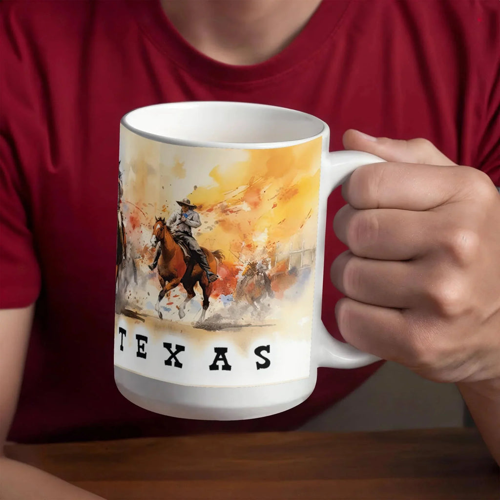 Texas Rodeo Cowboy Ceramic Mug – 11oz & 15oz – Western Horseback Riding Coffee Cup for Texans, Ranchers, Cowgirls & Lone Star State Fans