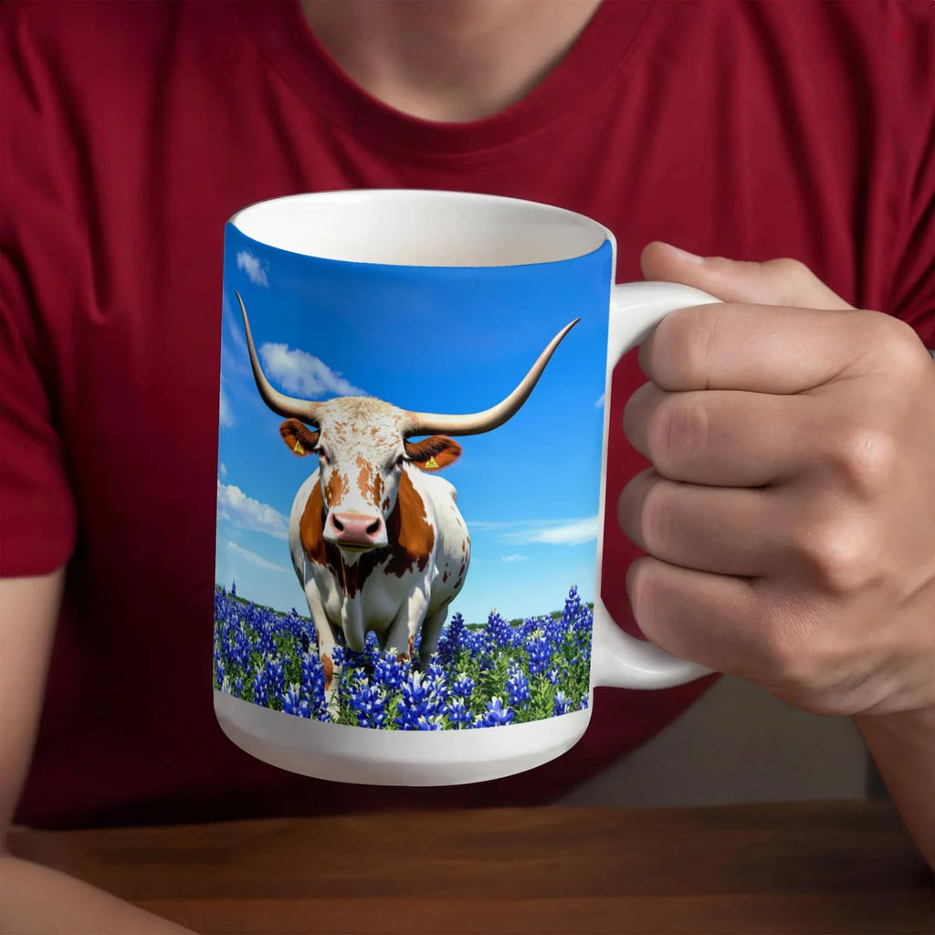 Texas Longhorn in Bluebonnet Field Ceramic Mug – 11oz & 15oz Coffee Cup - Western, Ranch, and Texan Pride