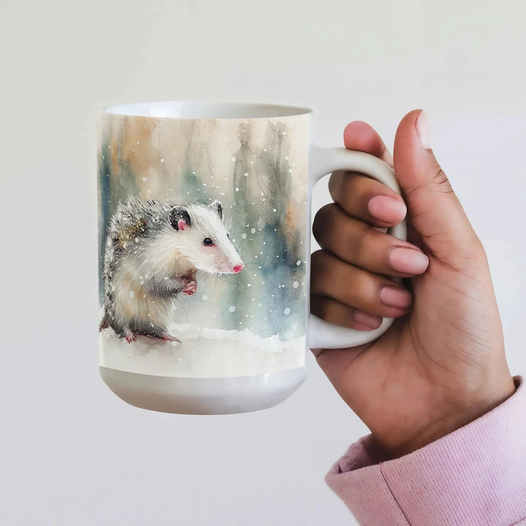 Opossum Coffee Mug – White Ceramic Mug with Possum Winter Watercolor Design | 11oz & 15oz Sizes